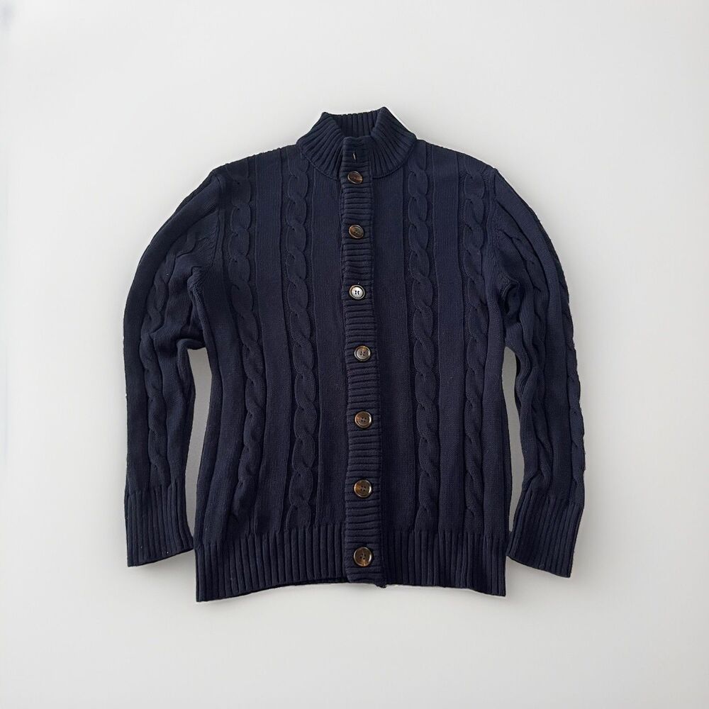 Mens Large Navy Blue Cable Knit Button Front Collar Cardigan Sweater Cotton
